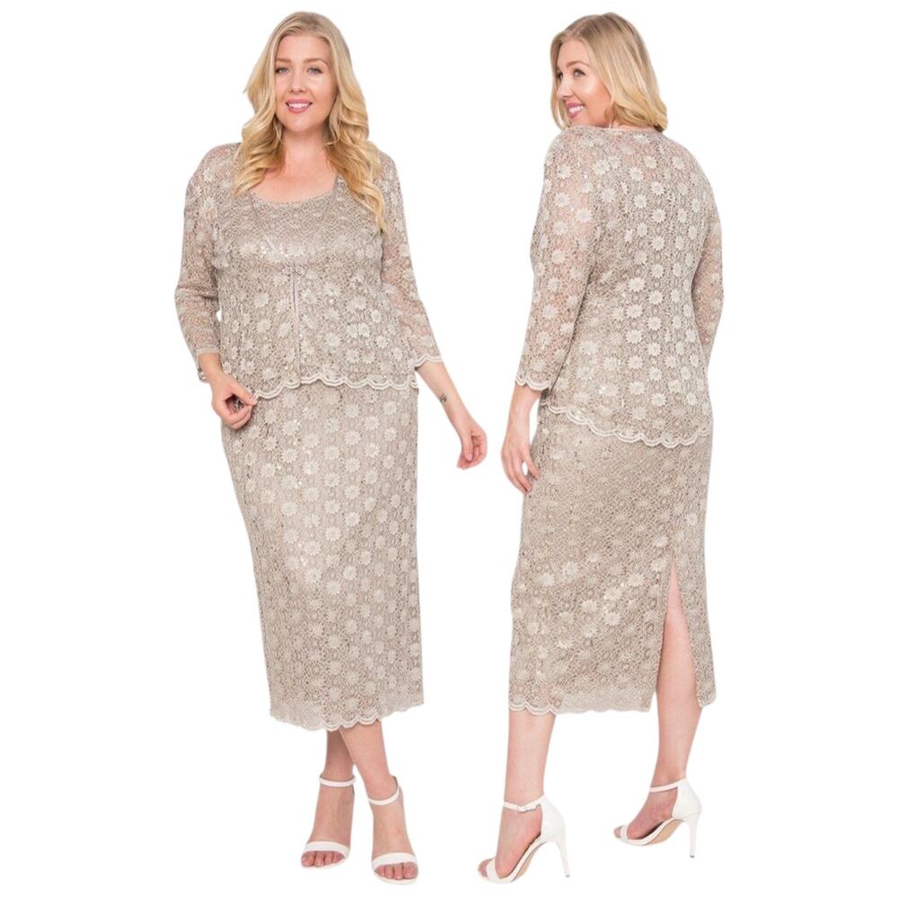 R&M Richards 2-Piece Set Midi Length Dress with Jacket Mocha Gold 18
